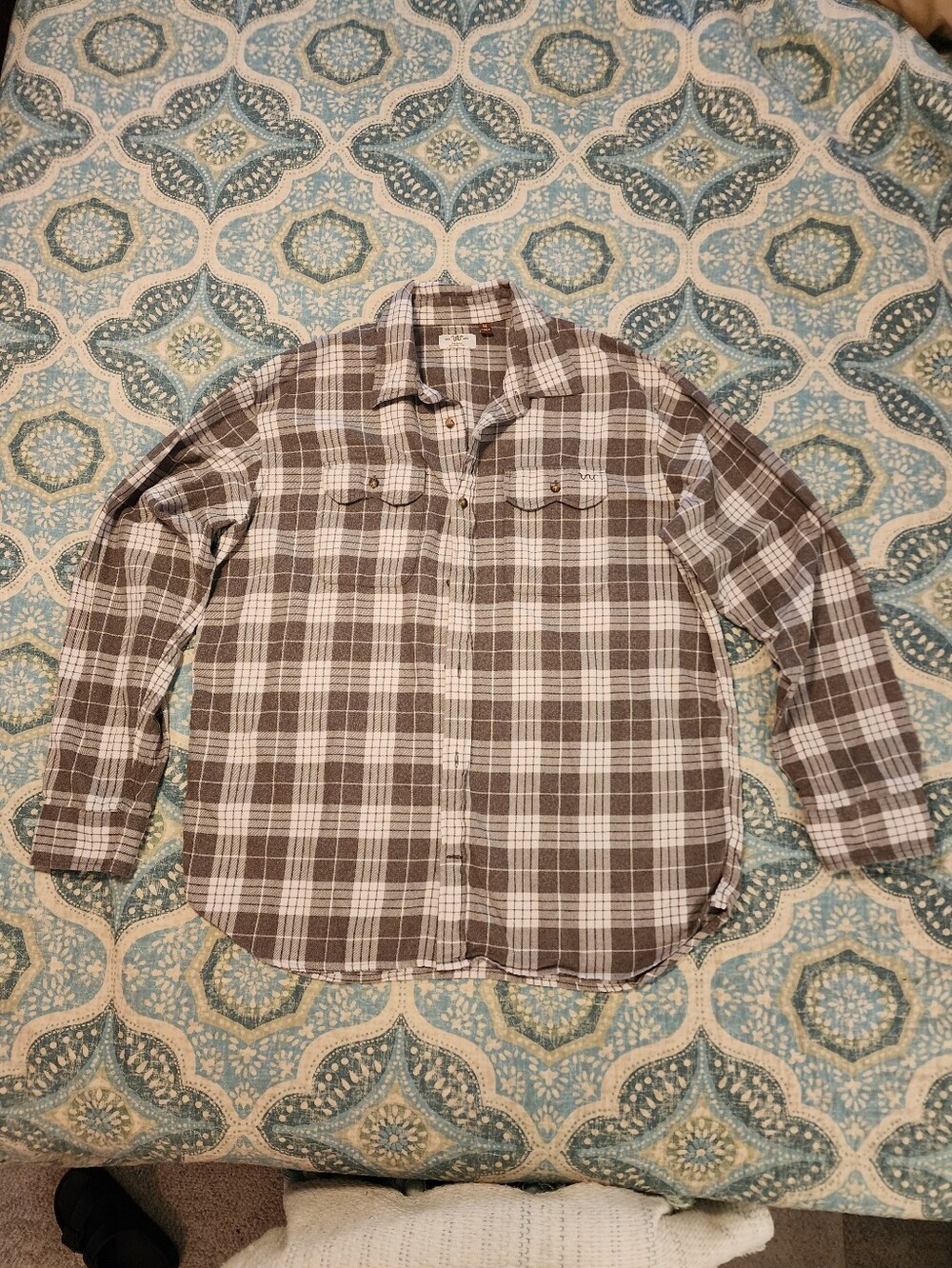 King Ranch Plaid Flannel Button Down Shirt Brown Cream Long Sleeve Mens